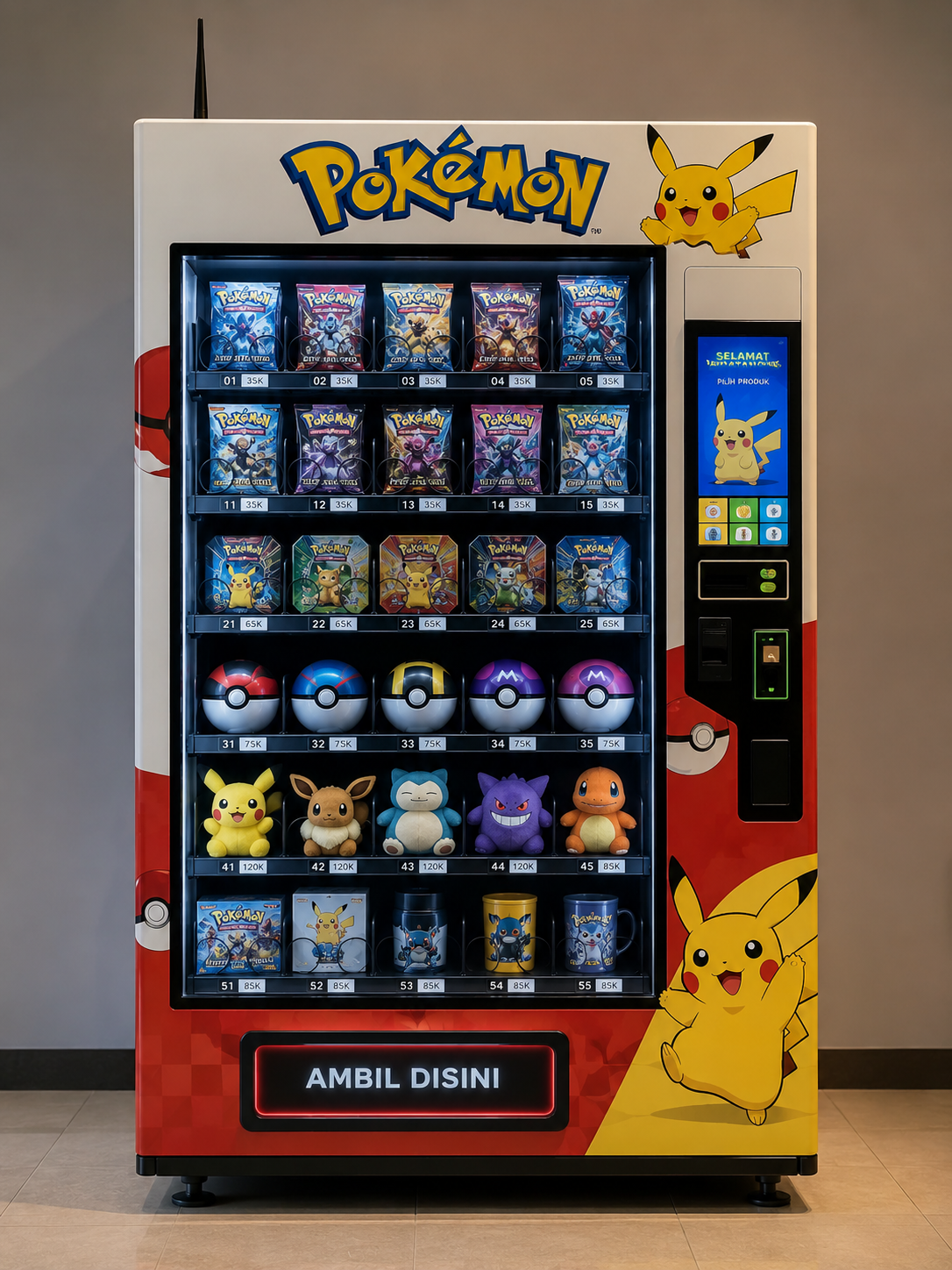 Collectibles vending machine filled with card packs, toys, and merchandise
